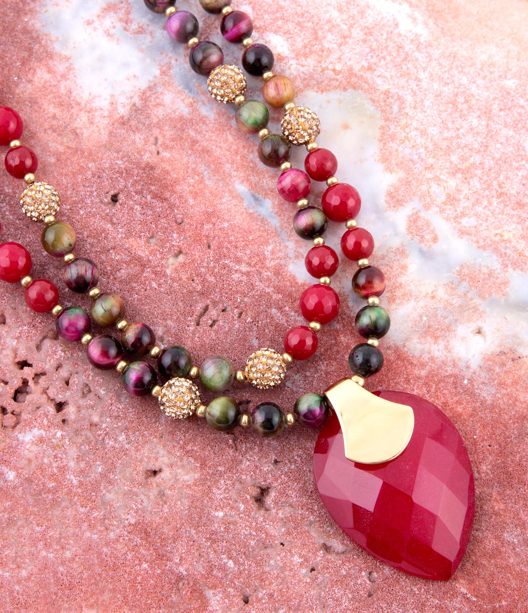 Jeweled Multi-Color Tiger's Eye and Rasberry Quartz Pendant Golden Necklace | Necklaces | Wiccan Center