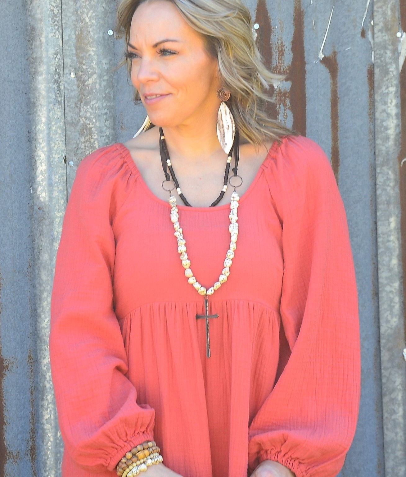 White Chunky Turquoise Necklace w/ Large Copper Cross 254g | Necklace | Wiccan Center