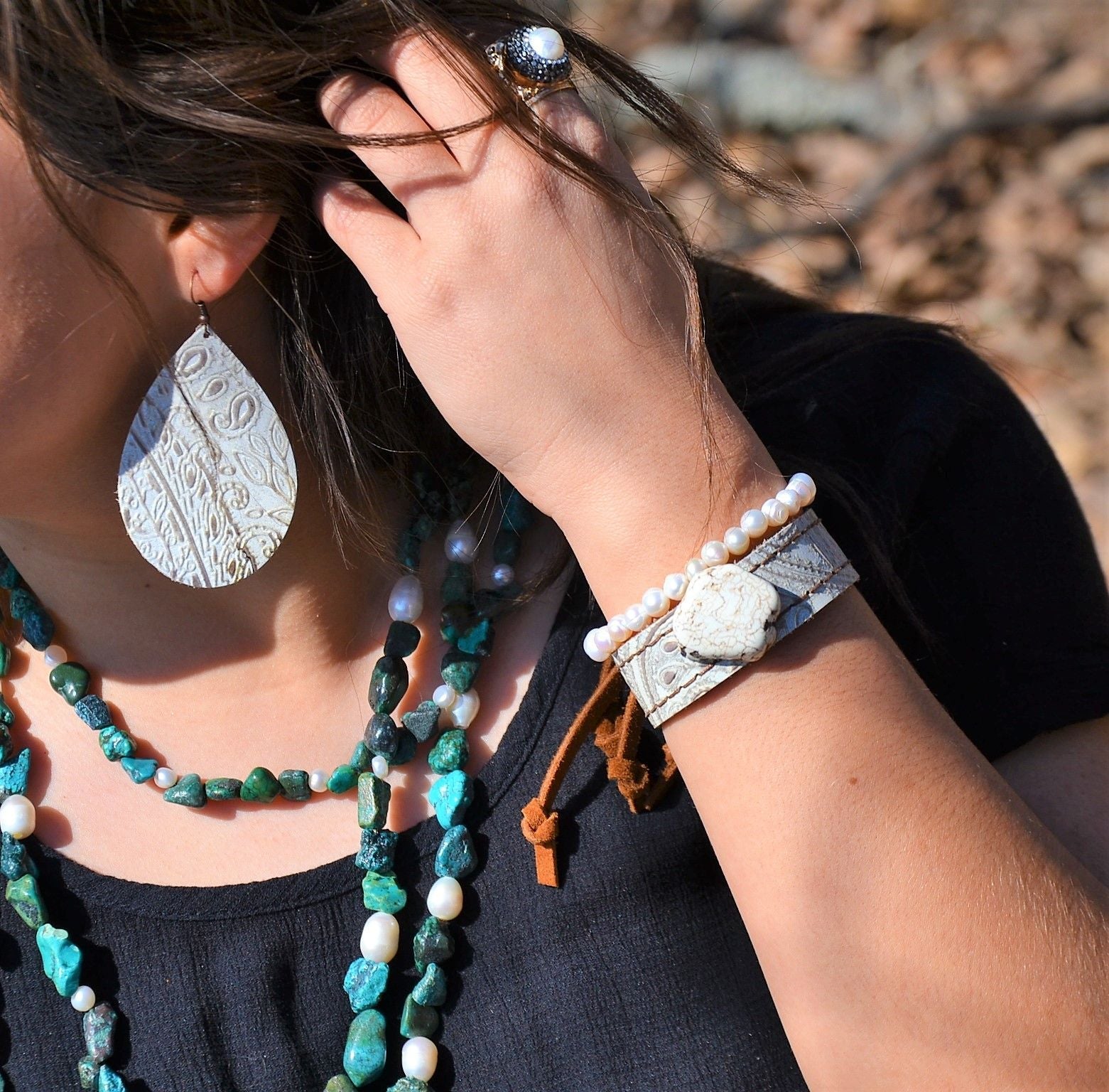 **Leather Teardrop Earring-Oyster Paisley 203h