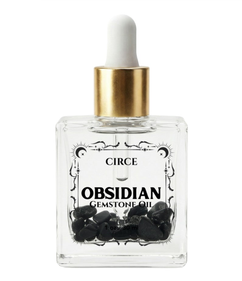Black Obsidian Gemstone Body Oil — Protection & Grounding Shimmer Oil with Amber & Vanilla | black obsidian body oil, gemstone body oil, protection oil, grounding oil, shimmer body oil, crystal infused oil, amber vanilla oil, ritual body oil, glow oil, black obsidian crystal, aromatherapy oil, energy clearing oil, skincare ritual, Circe Boutique | Wiccan Center