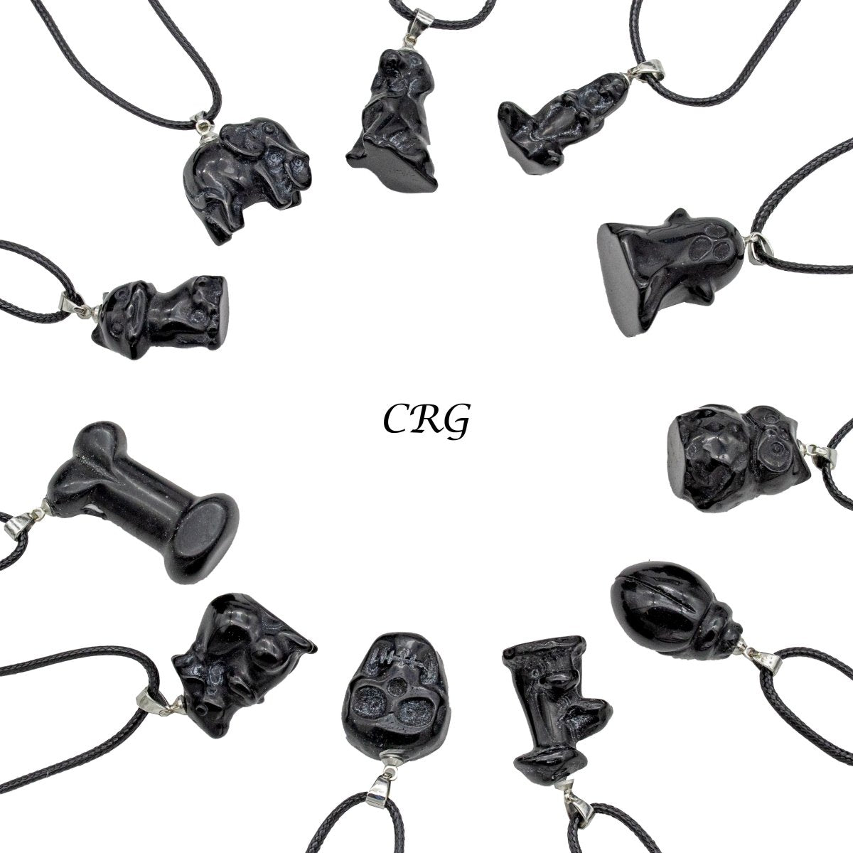 Obsidian Figurine Assorted Necklace Set on Black Cord (10 Inches) (11 Pieces)
