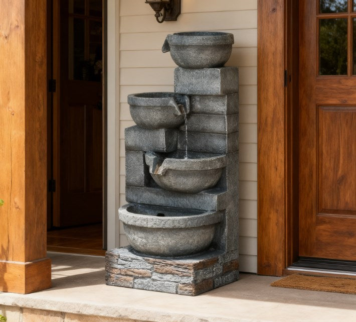Resin Offset Bowl Cascading Outdoor Water Fountain with LED | Outdoor Fountain | Wiccan Center