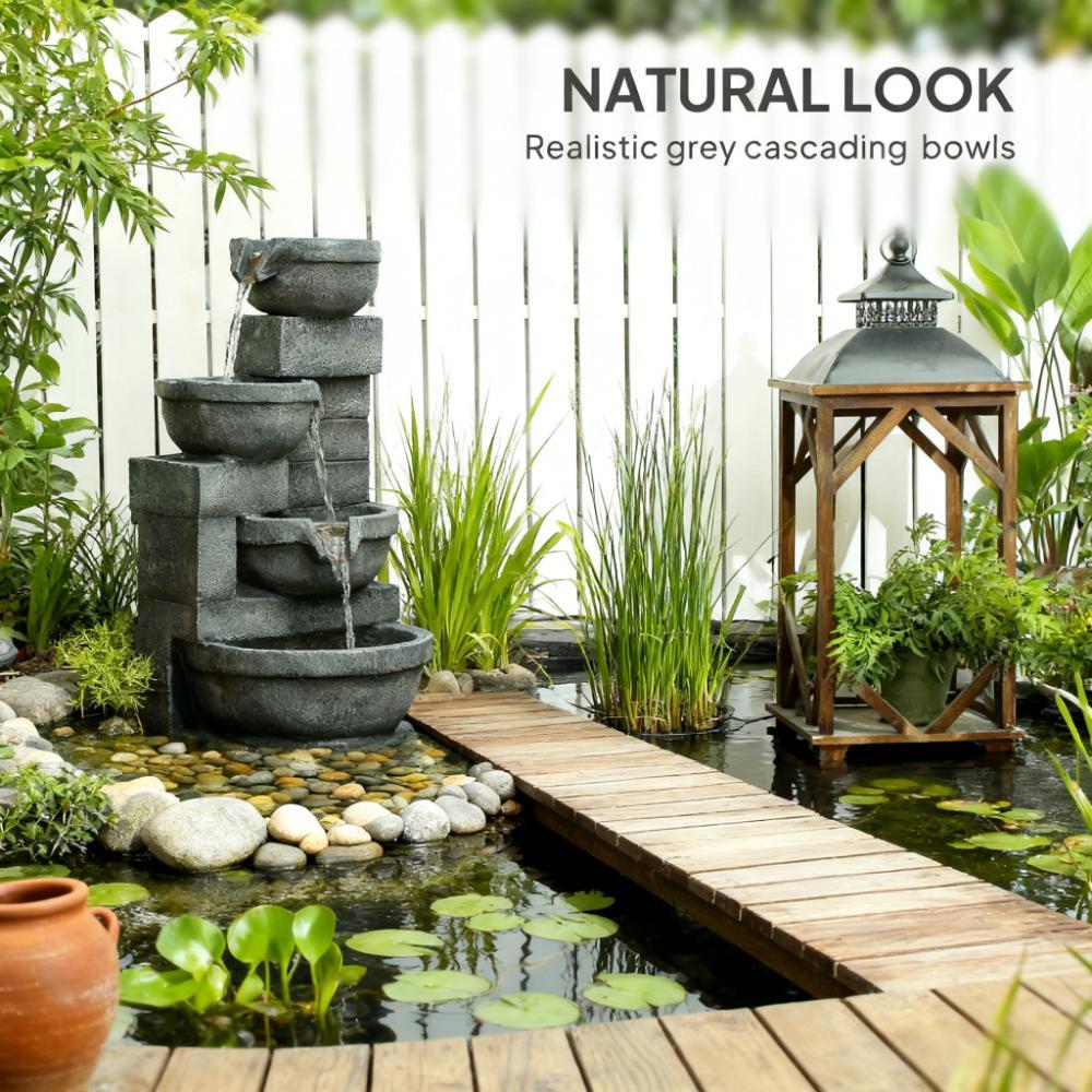 Resin Offset Bowl Cascading Outdoor Water Fountain with LED | Outdoor Fountain | Wiccan Center