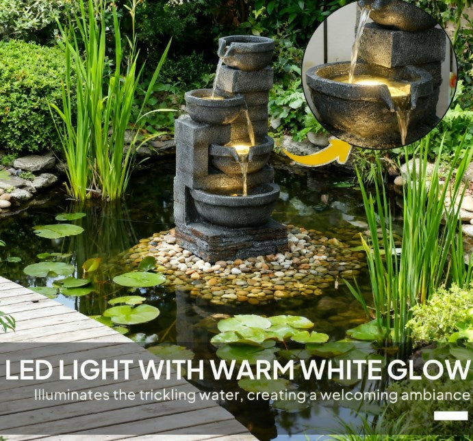 Resin Offset Bowl Cascading Outdoor Water Fountain with LED | Outdoor Fountain | Wiccan Center