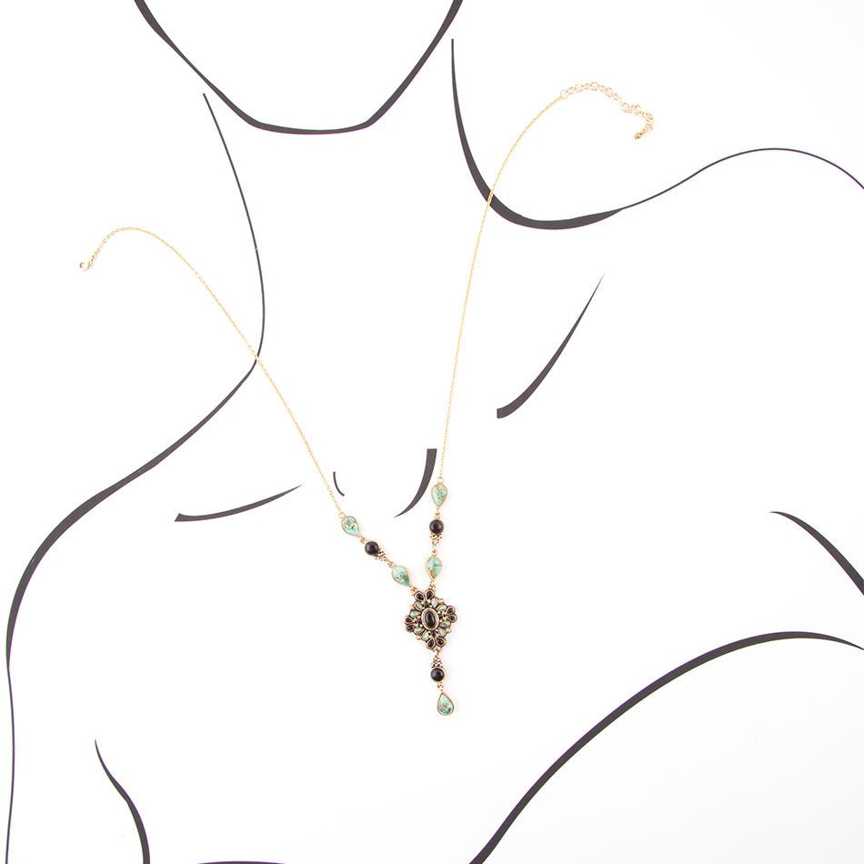 Barcelona Black Onyx and Blue Turquoise Golden Y-Necklace | Necklaces | Wiccan Center