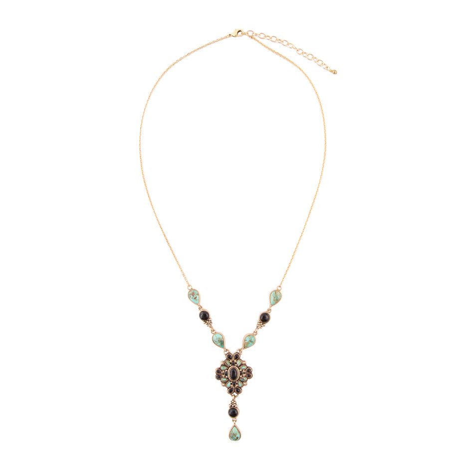 Barcelona Black Onyx and Blue Turquoise Golden Y-Necklace | Necklaces | Wiccan Center