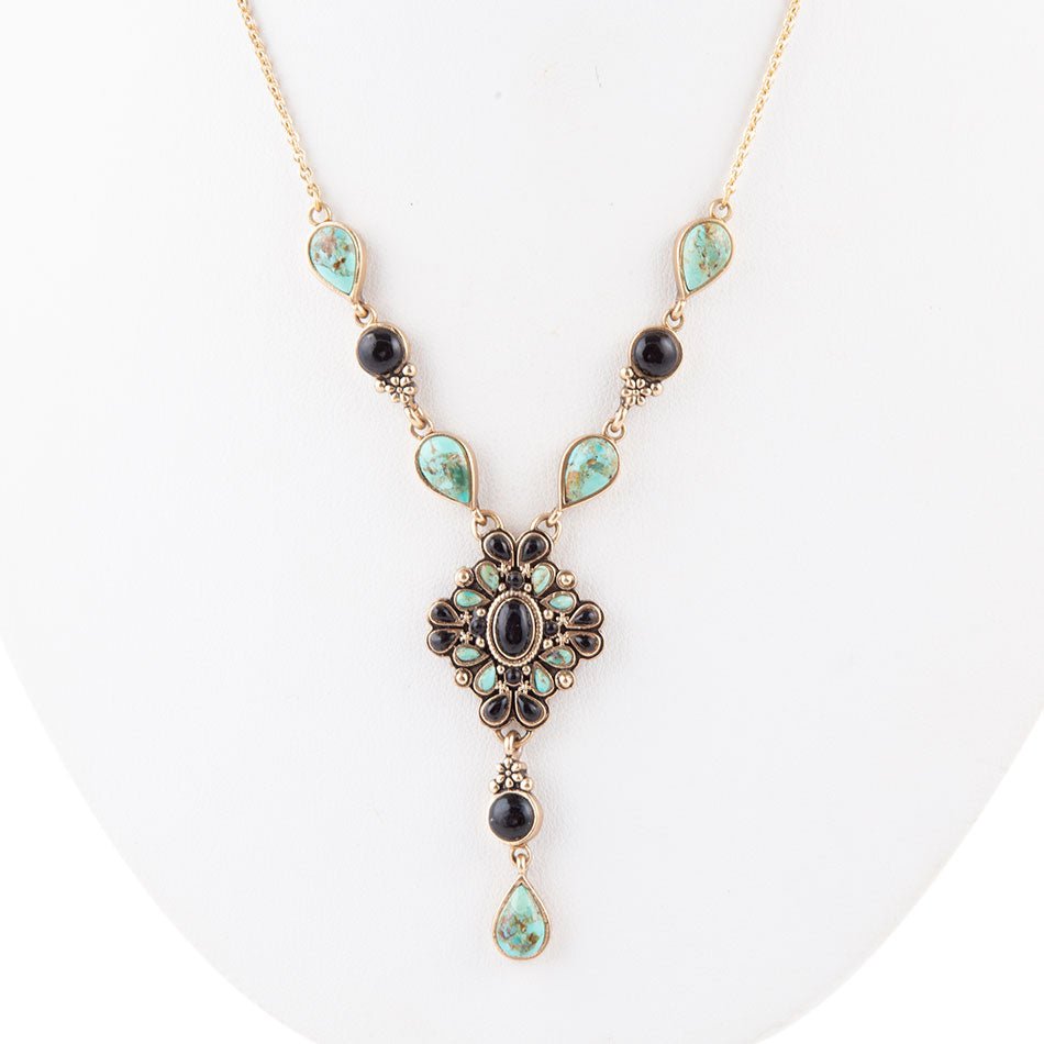 Barcelona Black Onyx and Blue Turquoise Golden Y-Necklace | Necklaces | Wiccan Center
