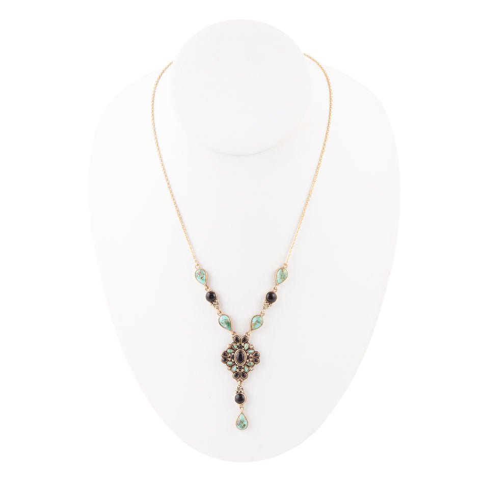 Barcelona Black Onyx and Blue Turquoise Golden Y-Necklace | Necklaces | Wiccan Center