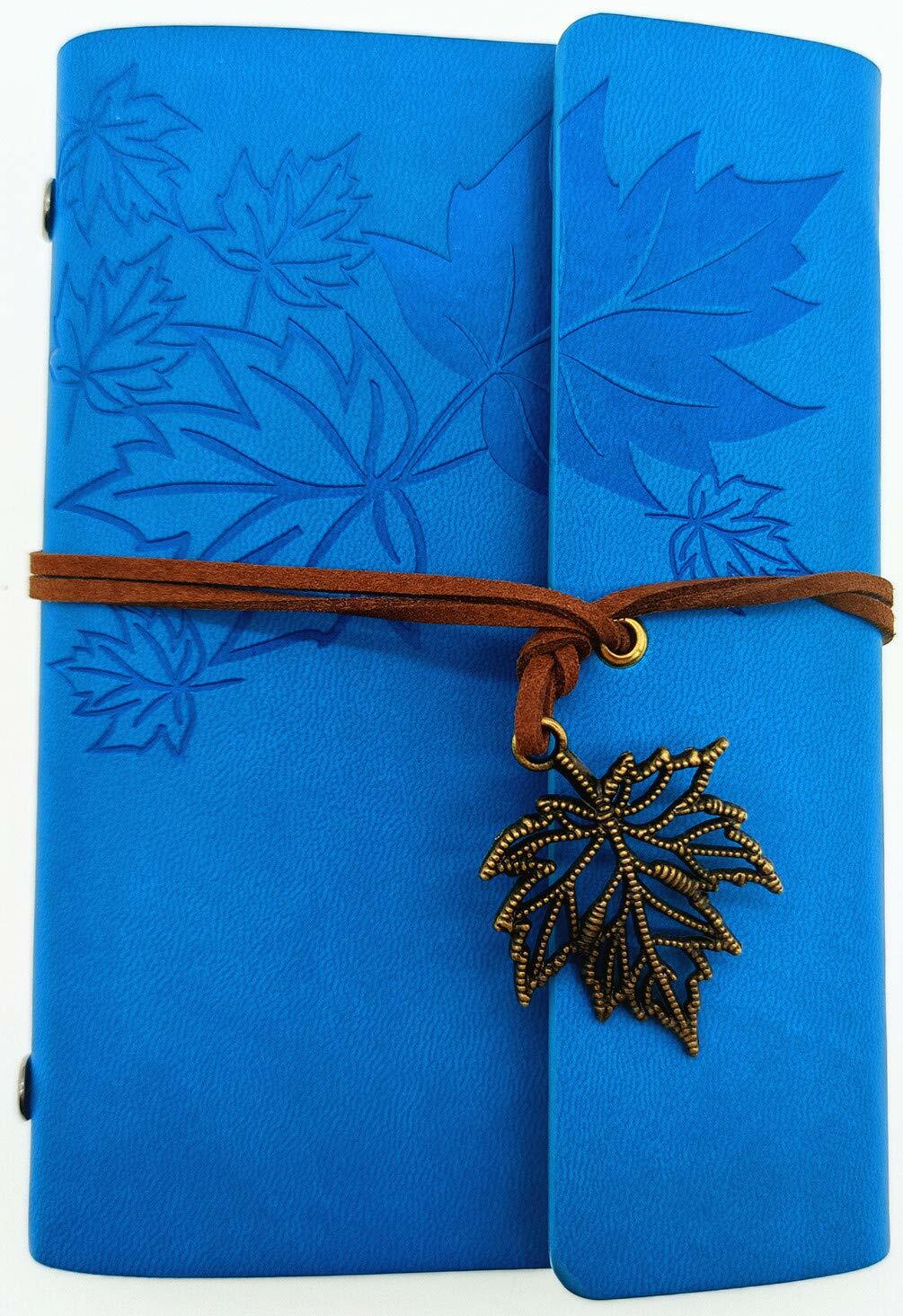 Maple Leaf Pendant Leather Bound Refillable Journal Notebook Sky Blue A7 5inch | Blank Diaries & Journals | Wiccan Center