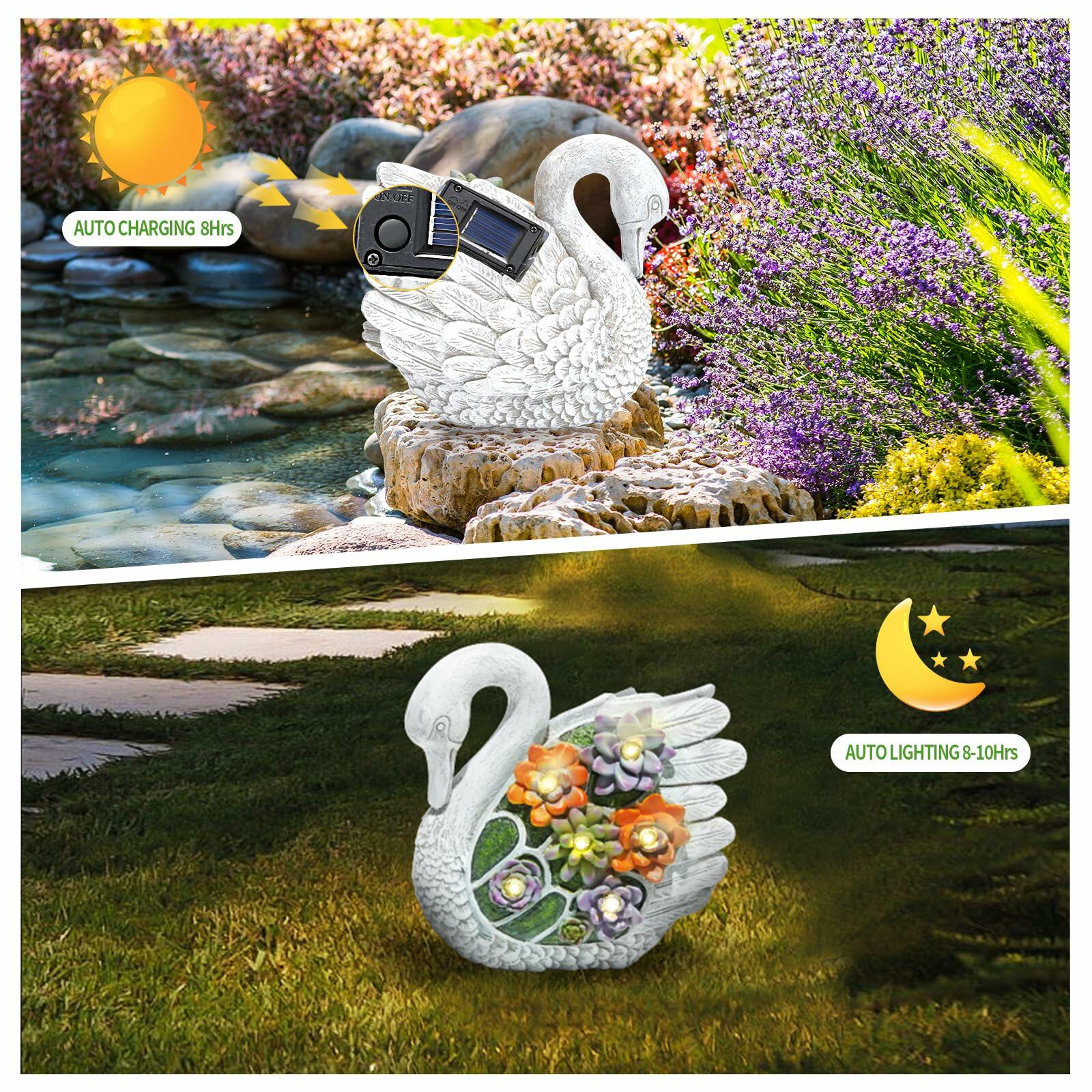 ENOU Solar Garden Swan Statue Outdoor Patio Yard Decor White Metal | Ornaments & Statues | Wiccan Center
