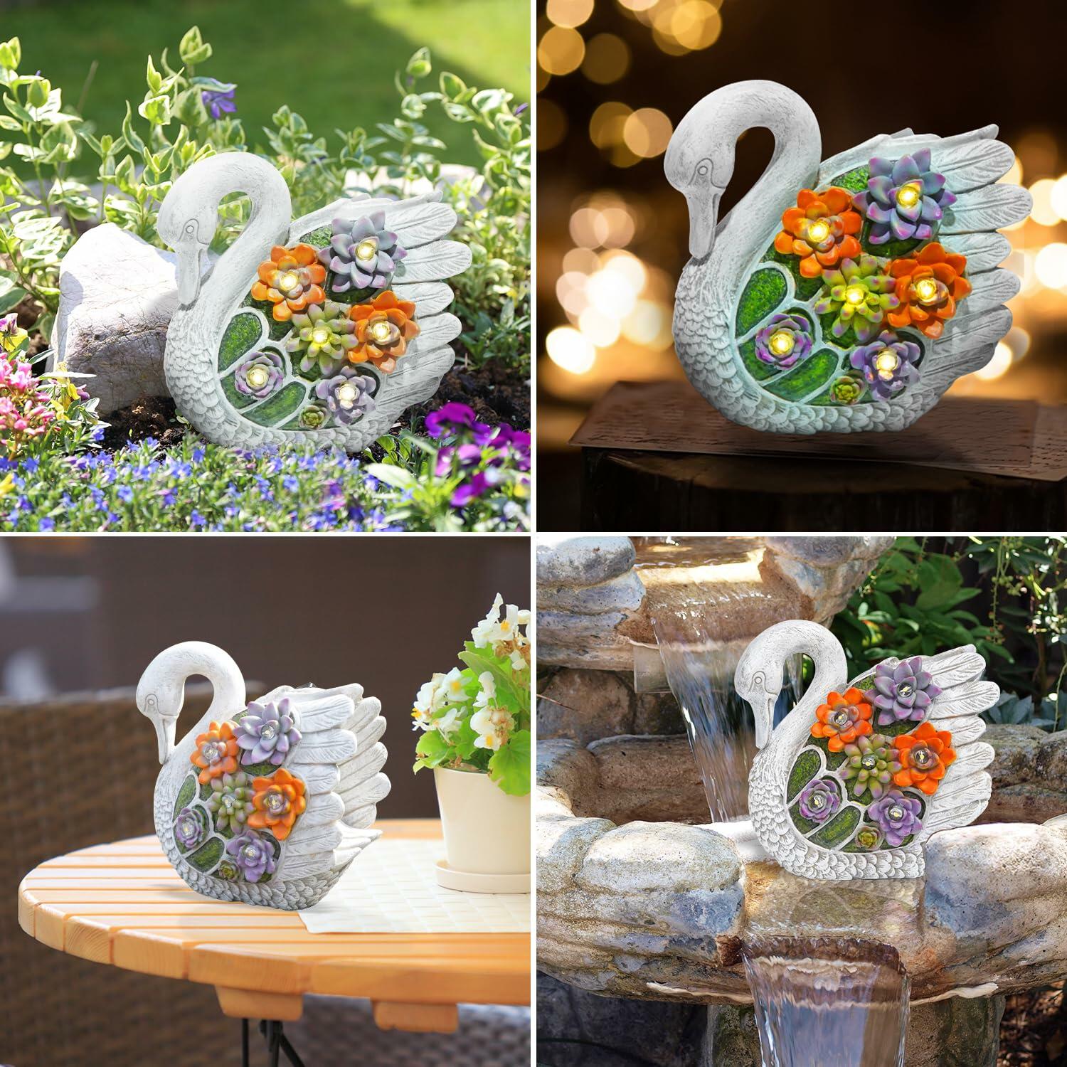ENOU Solar Garden Swan Statue Outdoor Patio Yard Decor White Metal | Ornaments & Statues | Wiccan Center