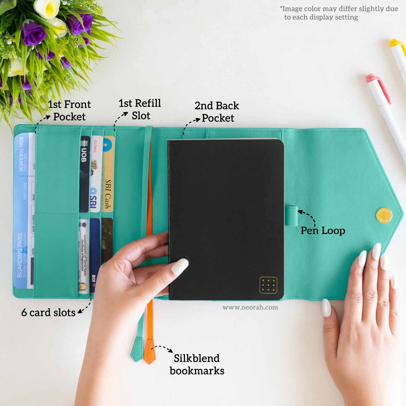 NEORAH B6 Notebook Sleeve Teal Faux Leather Dotgrid Journal Penloop Card Slots