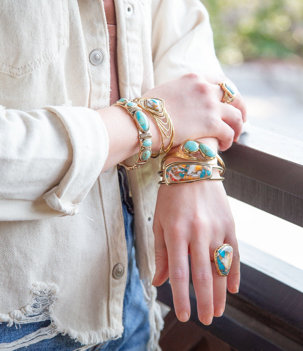 Orange Spiny Oyster and Blue Turquoise Matrix Abstract Golden Ring | Rings | Wiccan Center