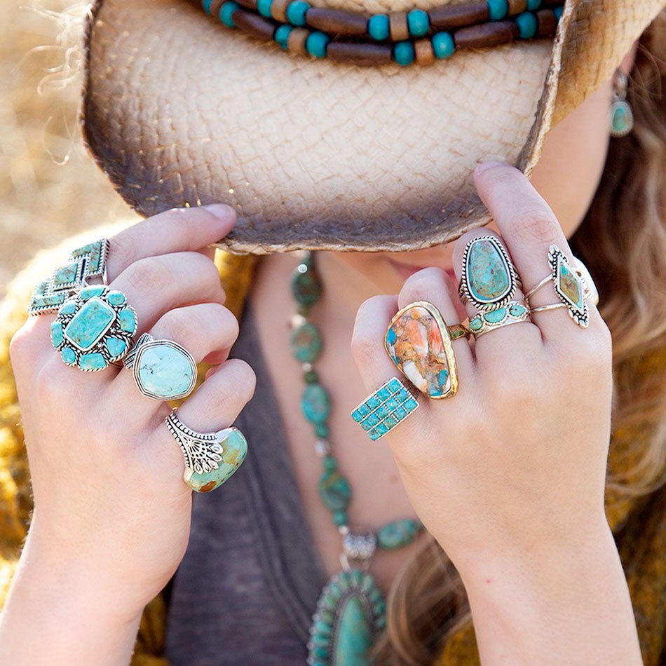 Orange Spiny Oyster and Blue Turquoise Matrix Abstract Golden Ring | Rings | Wiccan Center