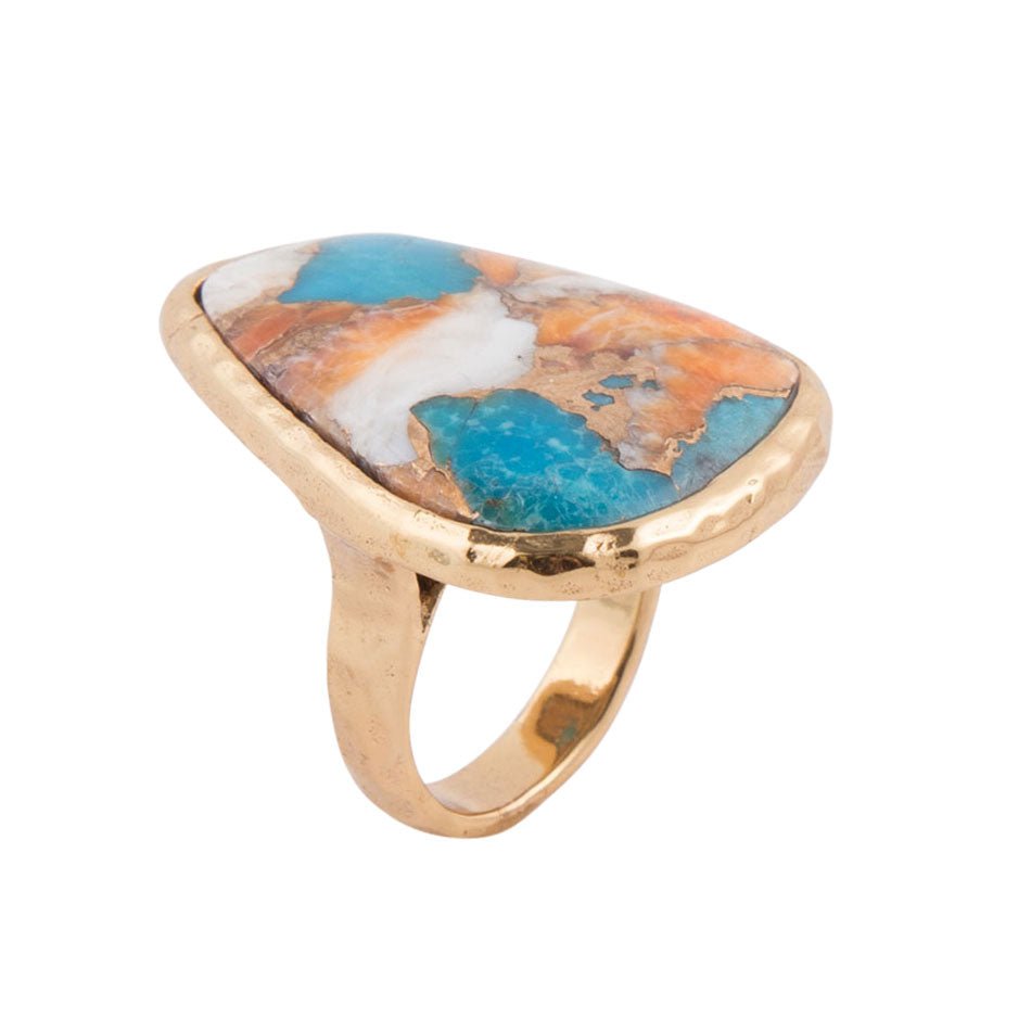 Orange Spiny Oyster and Blue Turquoise Matrix Abstract Golden Ring | Rings | Wiccan Center