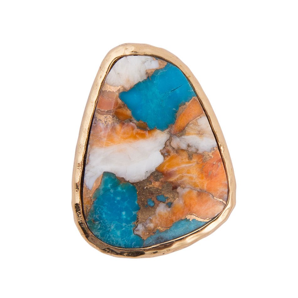 Orange Spiny Oyster and Blue Turquoise Matrix Abstract Golden Ring | Rings | Wiccan Center