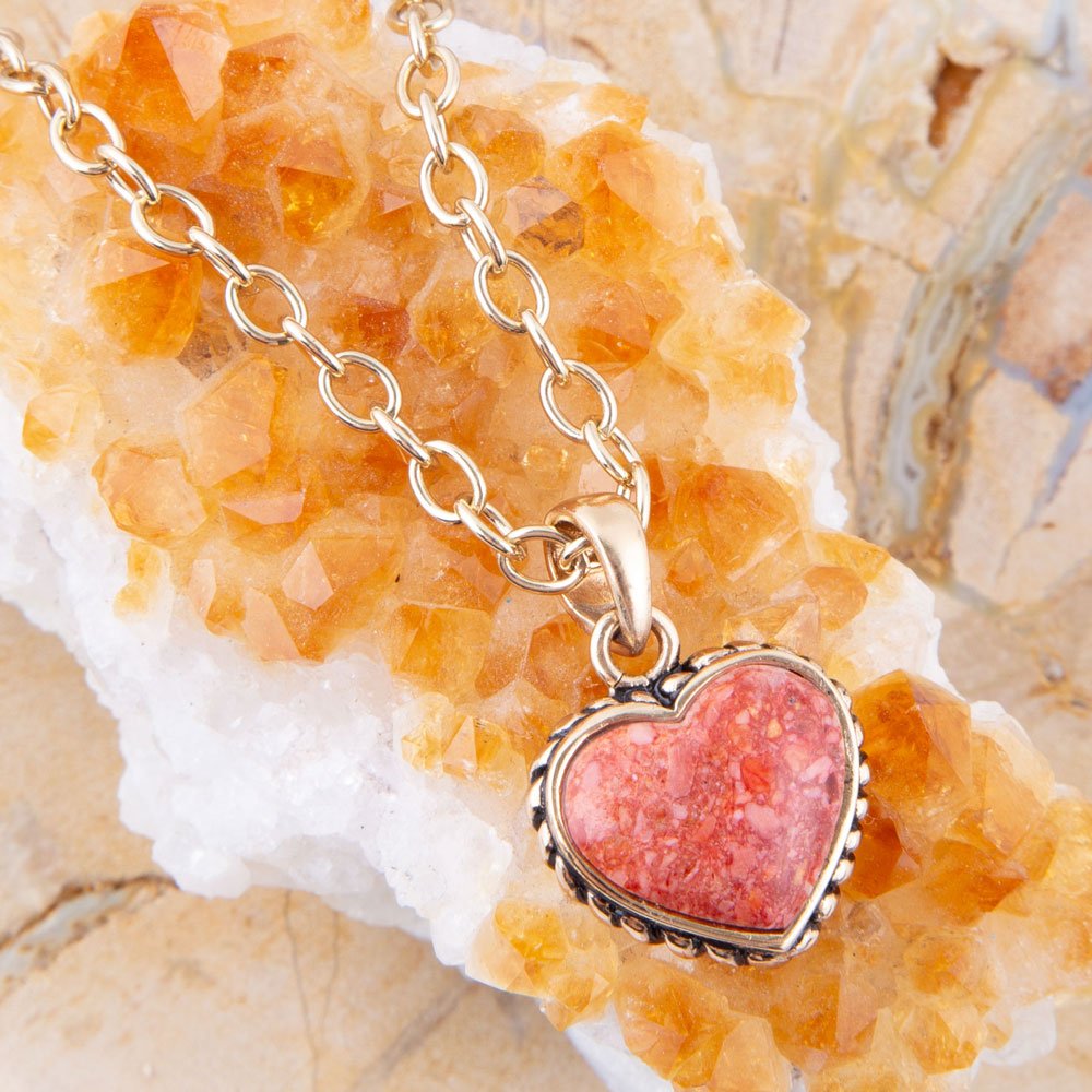 Orange Sponge Coral Heart Pendant and Golden Bronze Necklace | Necklaces | Wiccan Center