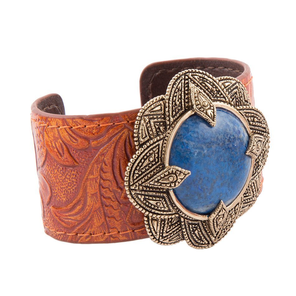 Ornate Blue Lapis Golden Leather Cuff Bracelet | Bracelets | Wiccan Center