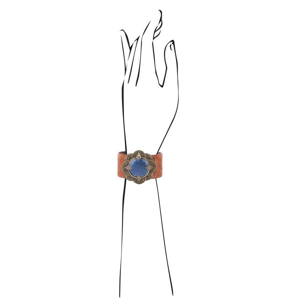 Ornate Blue Lapis Golden Leather Cuff Bracelet | Bracelets | Wiccan Center