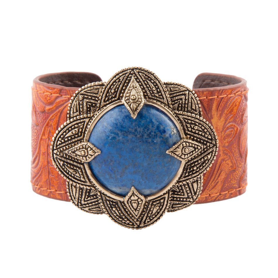 Ornate Blue Lapis Golden Leather Cuff Bracelet | Bracelets | Wiccan Center