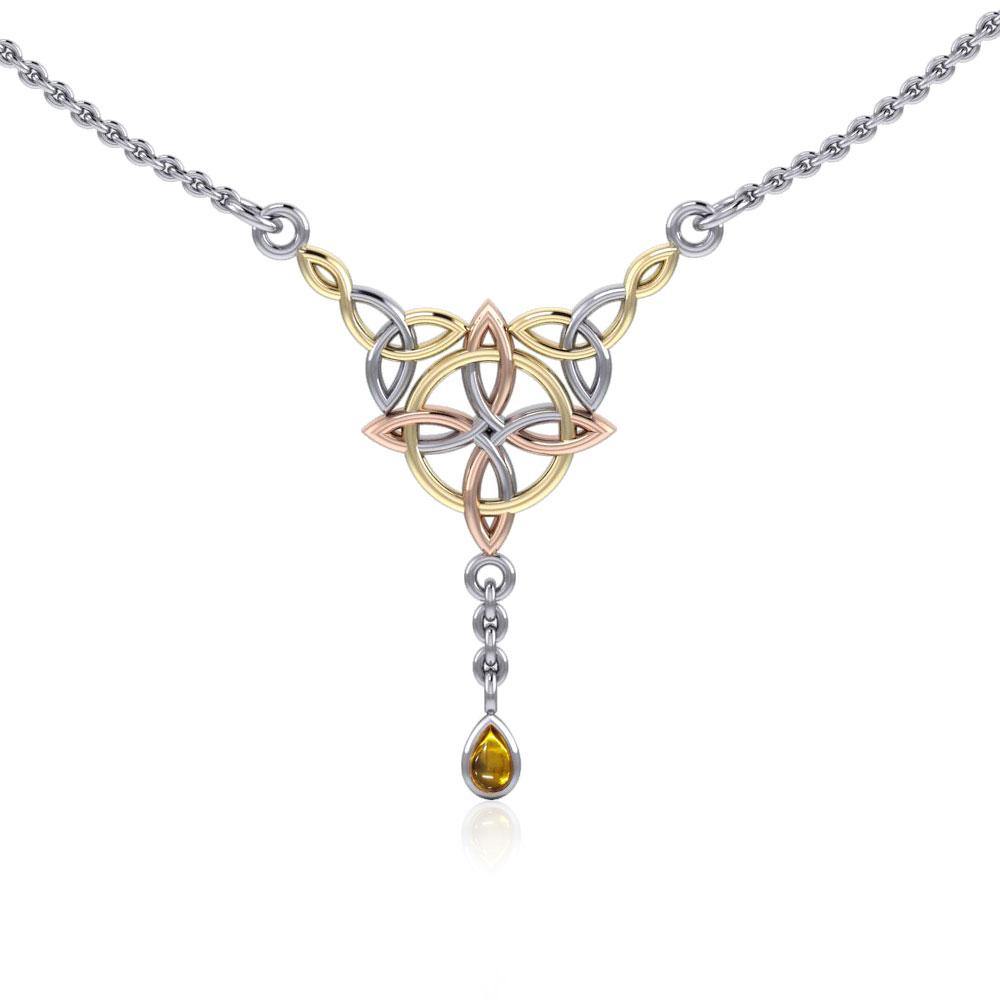 Celtic Quaternary Knot Necklace in Sterling Silver with 14K Gold and Pink Gold Accents