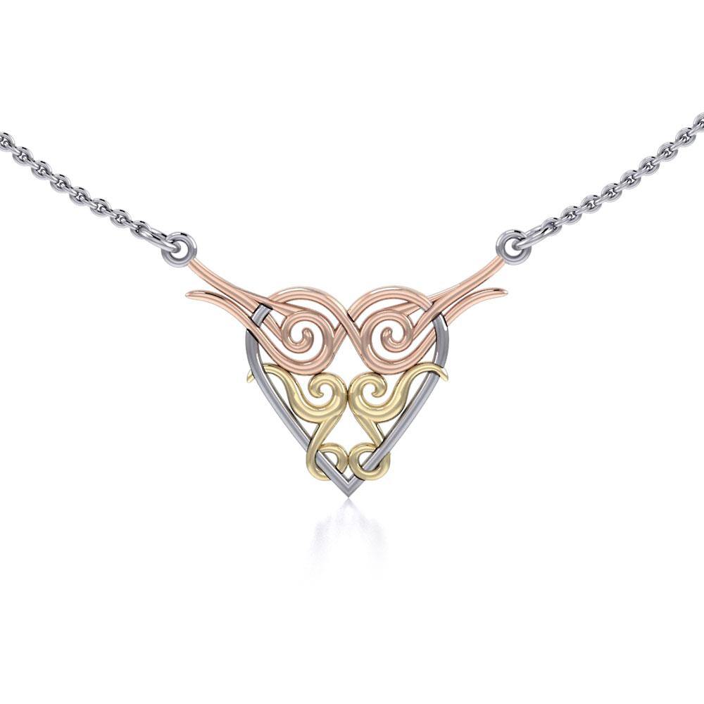 Celtic Knotwork Heart Spiral Three Tone Necklace Sterling Silver Gold Rose Gold OTN276