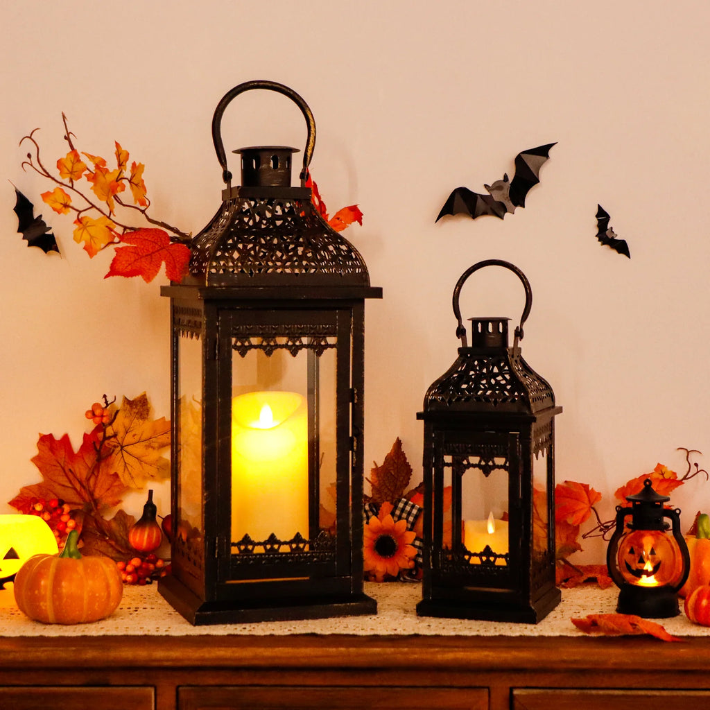 Set of 2 13''&19.5''H Candle Lanterns (Black Gold Brush) | Decorative Candle Lantern | Wiccan Center