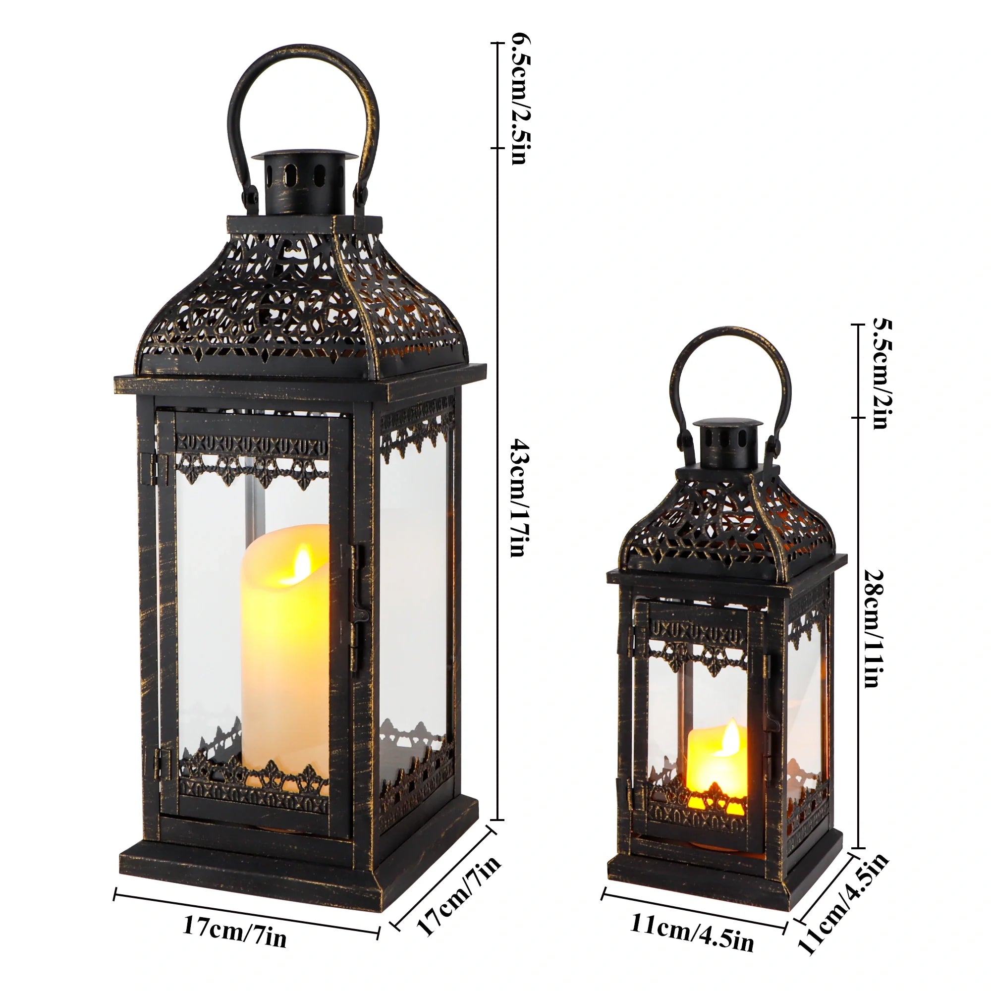 Set of 2 13''&19.5''H Candle Lanterns (Black Gold Brush) | Decorative Candle Lantern | Wiccan Center