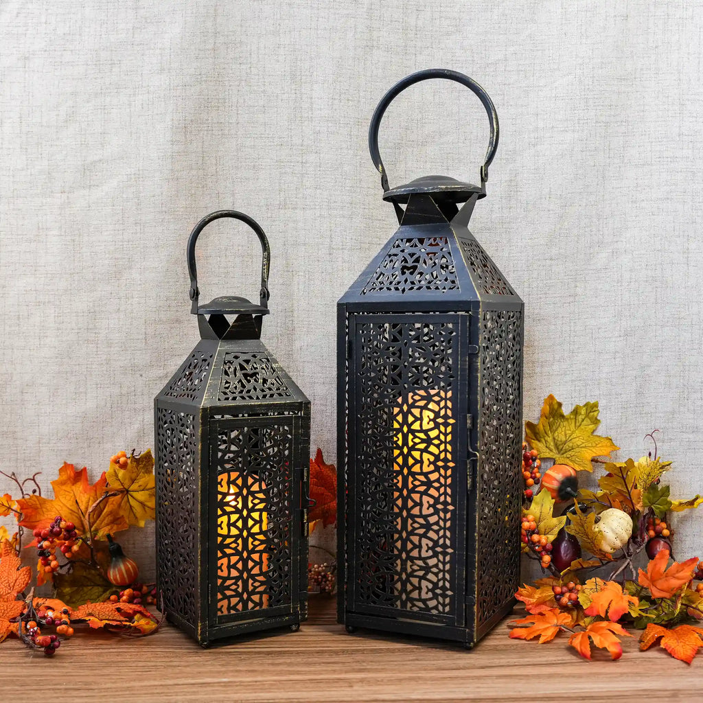 19"&14''H Moroccan Decorative Metal Candle Holders with Hollow Pattern | Decorative Candle Lanterns | Wiccan Center