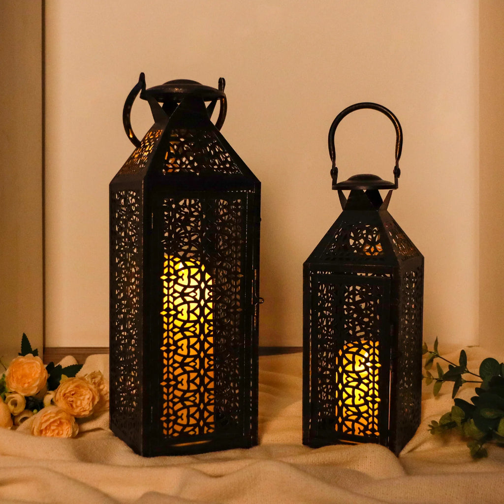 19"&14''H Moroccan Decorative Metal Candle Holders with Hollow Pattern | Decorative Candle Lanterns | Wiccan Center