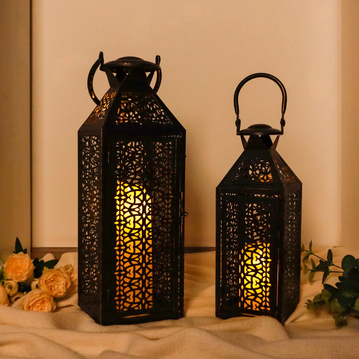 19"&14''H Moroccan Decorative Metal Candle Holders with Hollow Pattern | Decorative Candle Lanterns | Wiccan Center