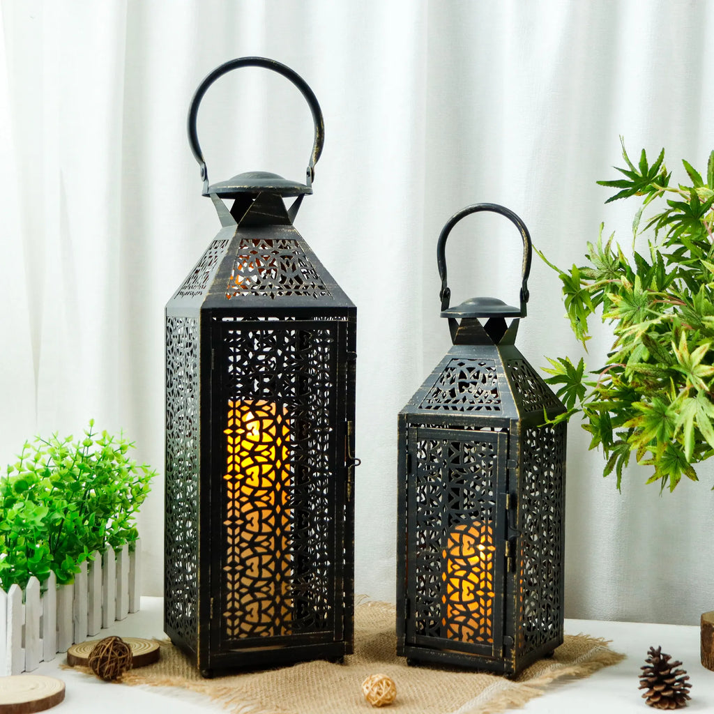 19"&14''H Moroccan Decorative Metal Candle Holders with Hollow Pattern | Decorative Candle Lanterns | Wiccan Center