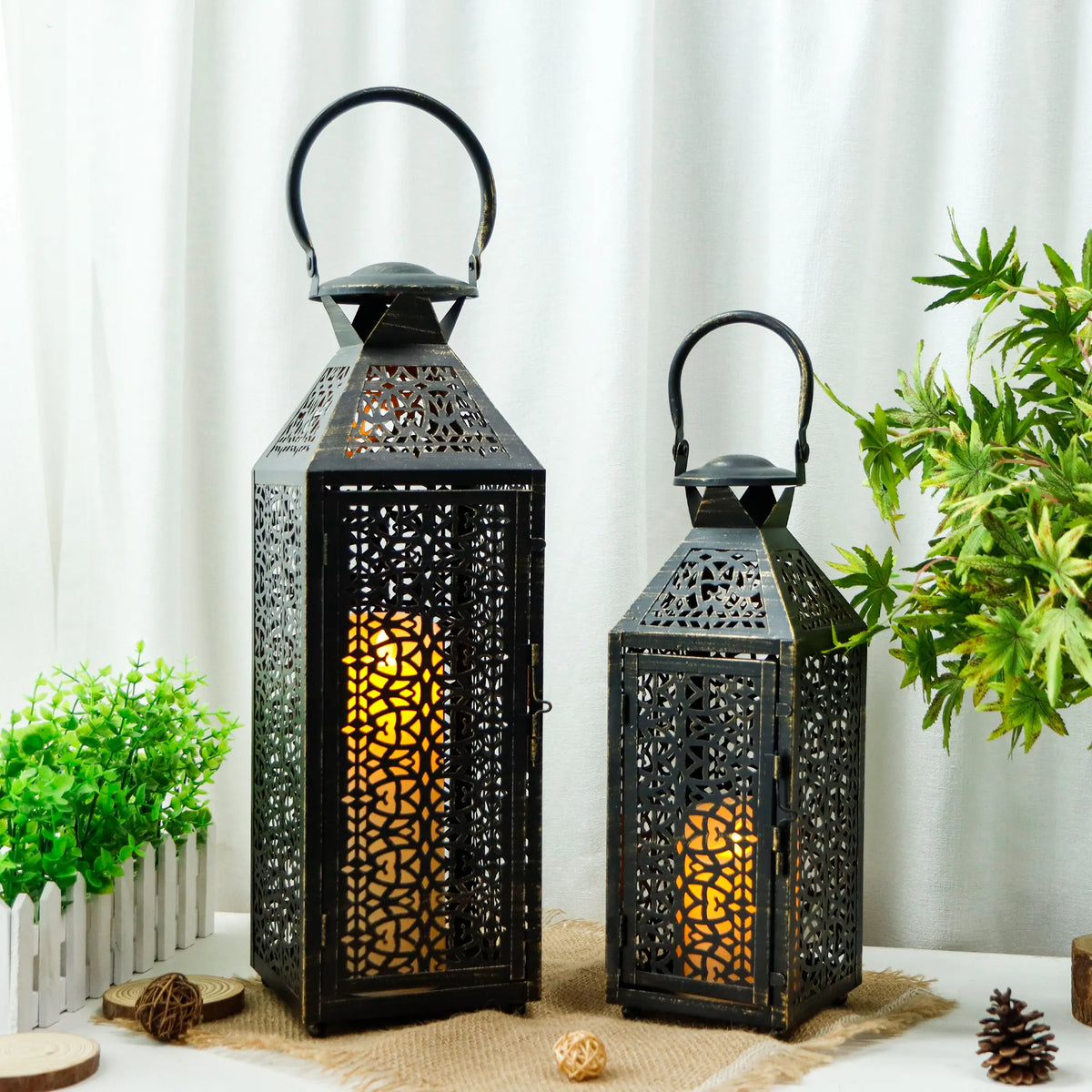19"&14''H Moroccan Decorative Metal Candle Holders with Hollow Pattern | Decorative Candle Lanterns | Wiccan Center