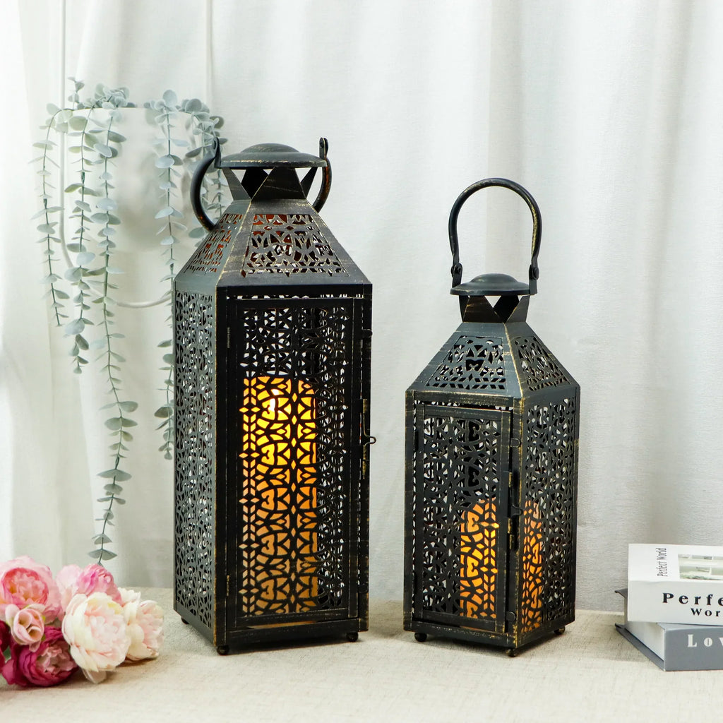 19"&14''H Moroccan Decorative Metal Candle Holders with Hollow Pattern | Decorative Candle Lanterns | Wiccan Center