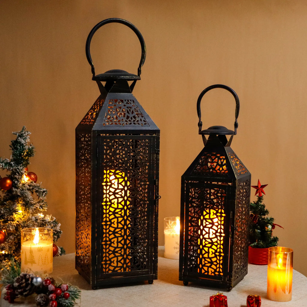 19"&14''H Moroccan Decorative Metal Candle Holders with Hollow Pattern | Decorative Candle Lanterns | Wiccan Center