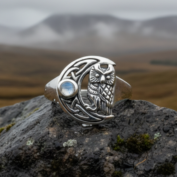 Celtic Owl Moon Ring with Moonstone | Ring | Wiccan Center