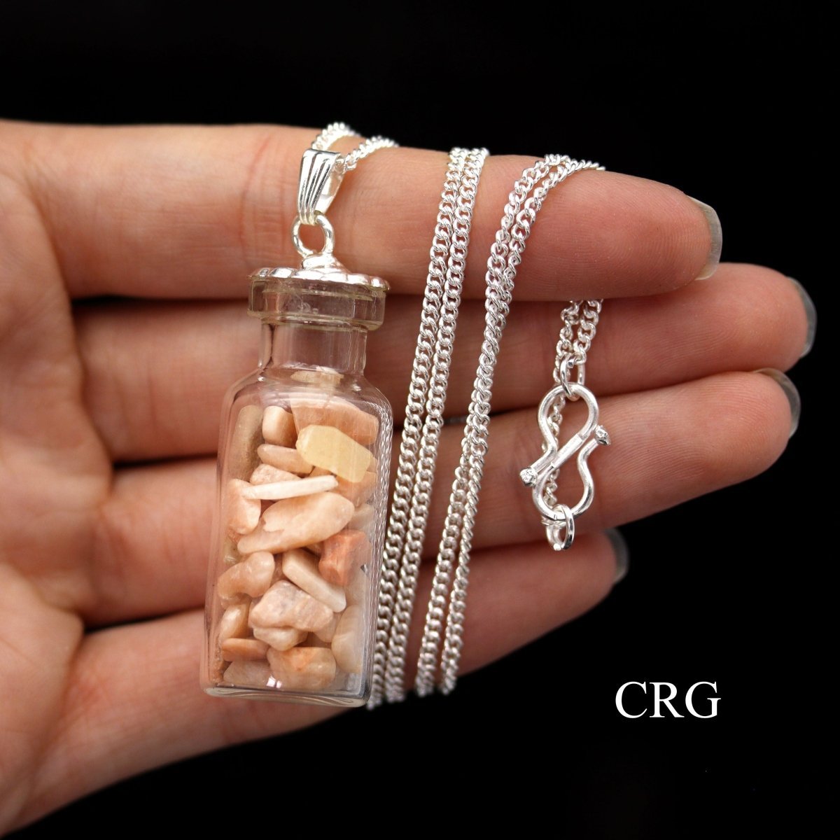 Peach Moonstone Chip Bottle Pendant with Silver Plated Necklace (2 Inches) (1 Piece)