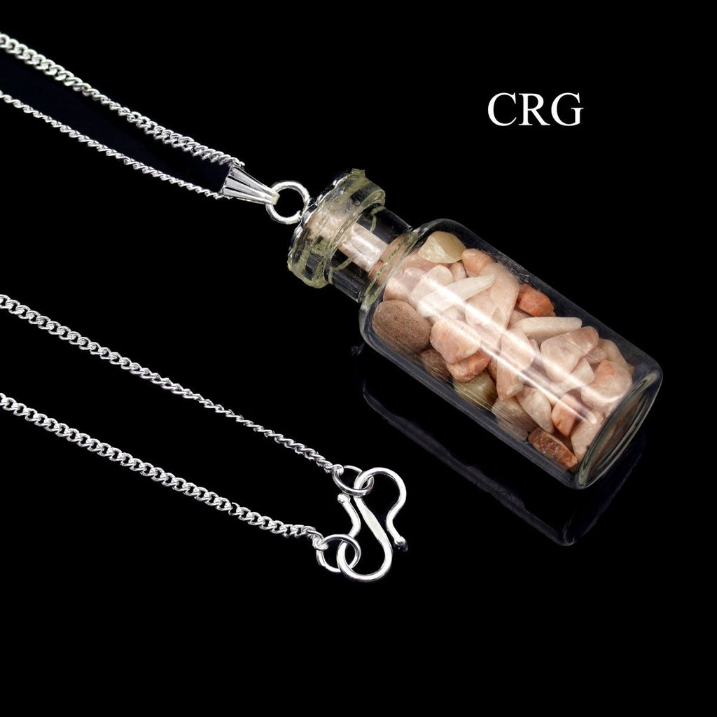 Peach Moonstone Chip Bottle Pendant with Silver Plated Necklace (2 Inches) (1 Piece)
