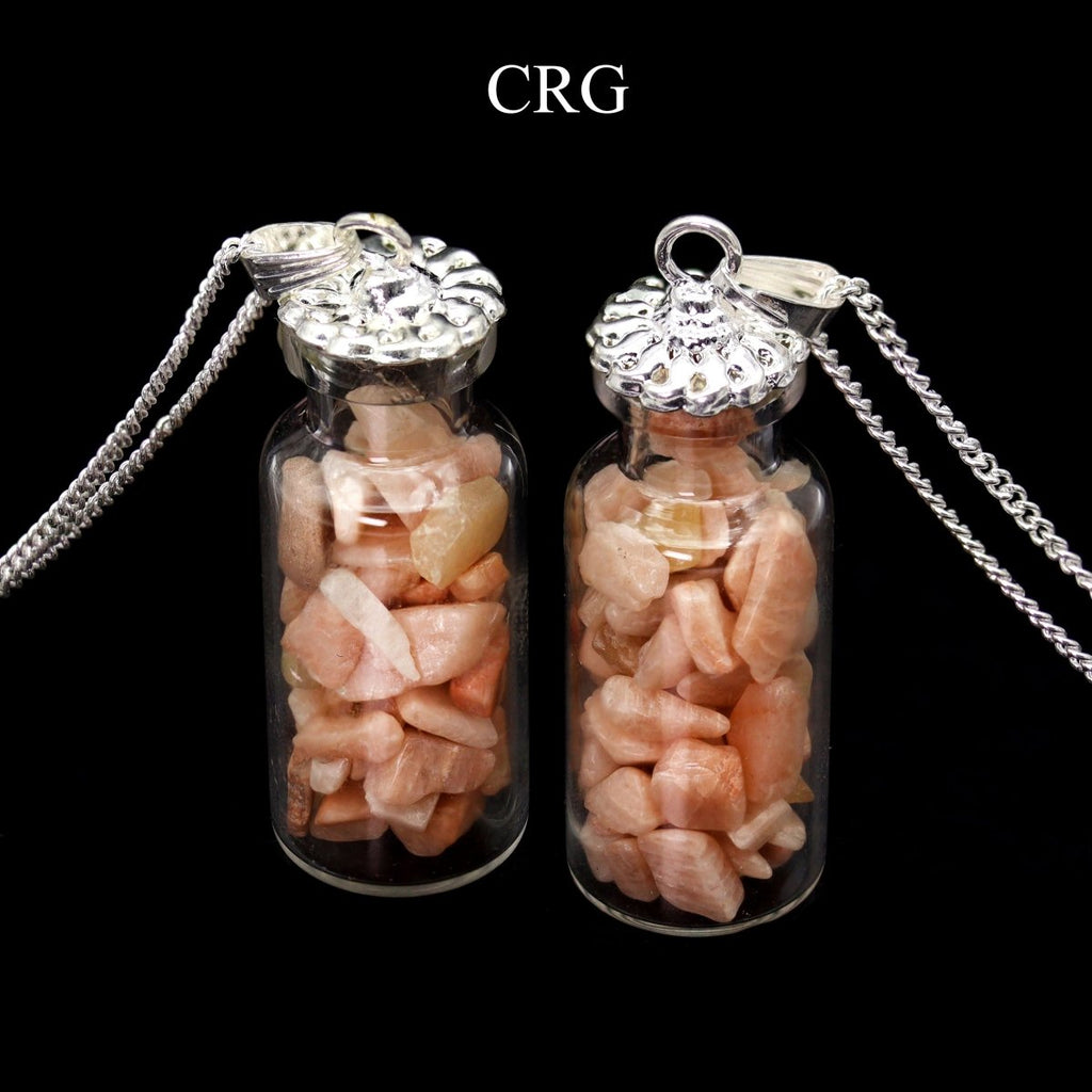Peach Moonstone Chip Bottle Pendant with Silver Plated Necklace (2 Inches) (1 Piece)