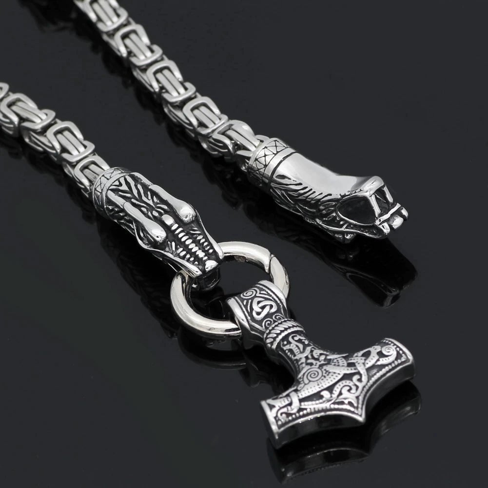 Vikings Fenrir Mjolnir Stainless Steel Necklace | Pendant and Necklace | Wiccan Center