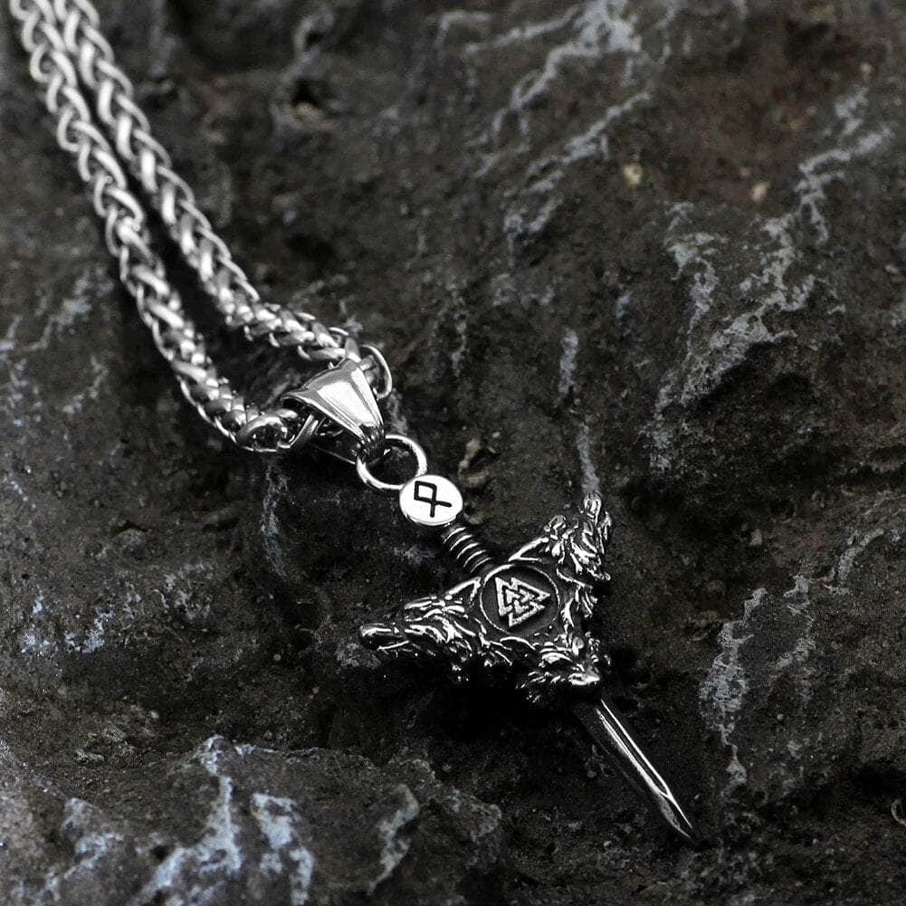Vikings Sword Valknut and Rune Stainless Steel Necklace | Pendant and Necklace | Wiccan Center
