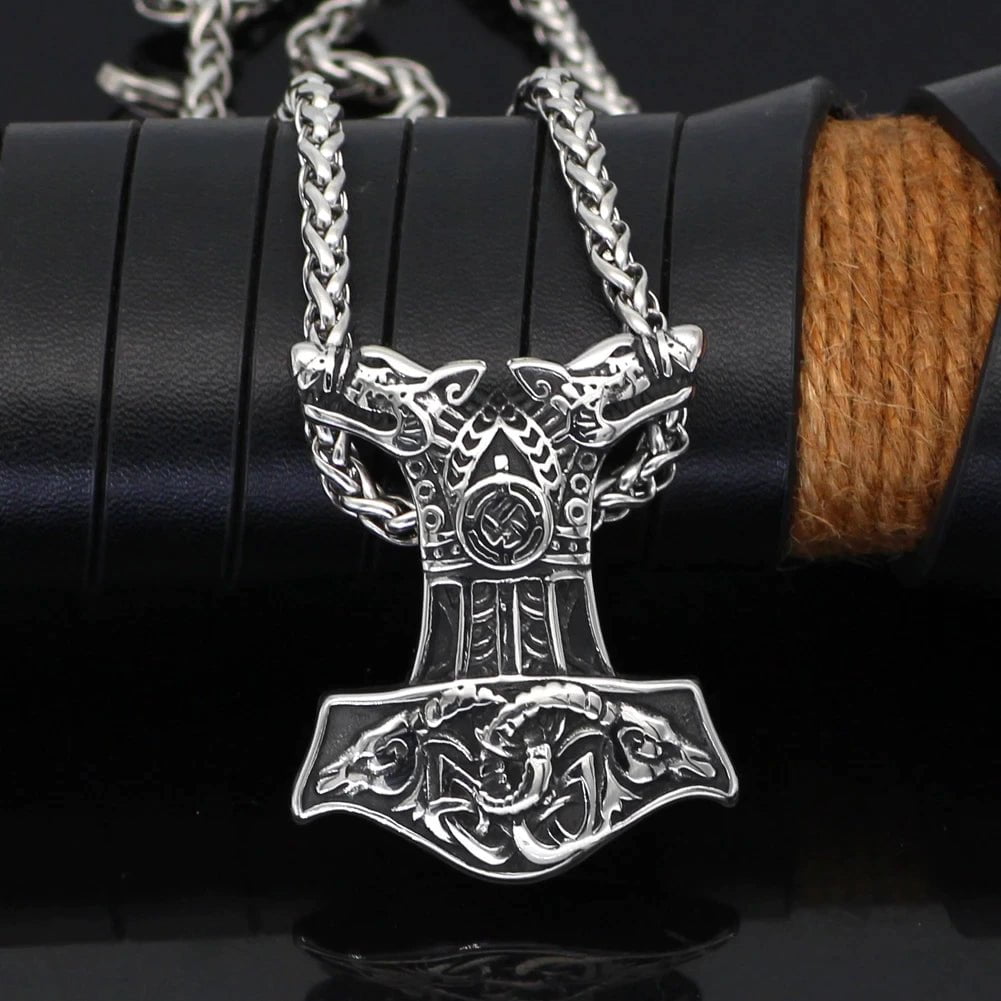 Vikings Wolf and Goat Head Mjolnir Pendant Necklace | Pendant and Necklace | Wiccan Center