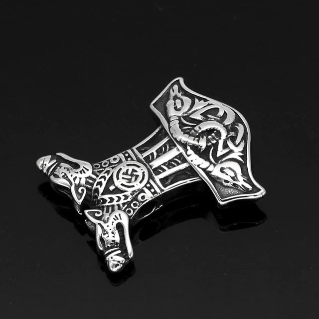Vikings Wolf and Goat Head Mjolnir Pendant Necklace | Pendant and Necklace | Wiccan Center
