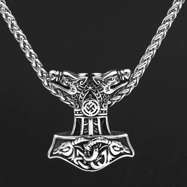 Vikings Wolf and Goat Head Mjolnir Pendant Necklace | Pendant and Necklace | Wiccan Center