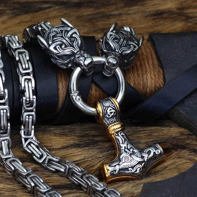 Vikings Wolf Head and Mjolnir Stainless Steel Necklace | Pendant and Necklace | Wiccan Center