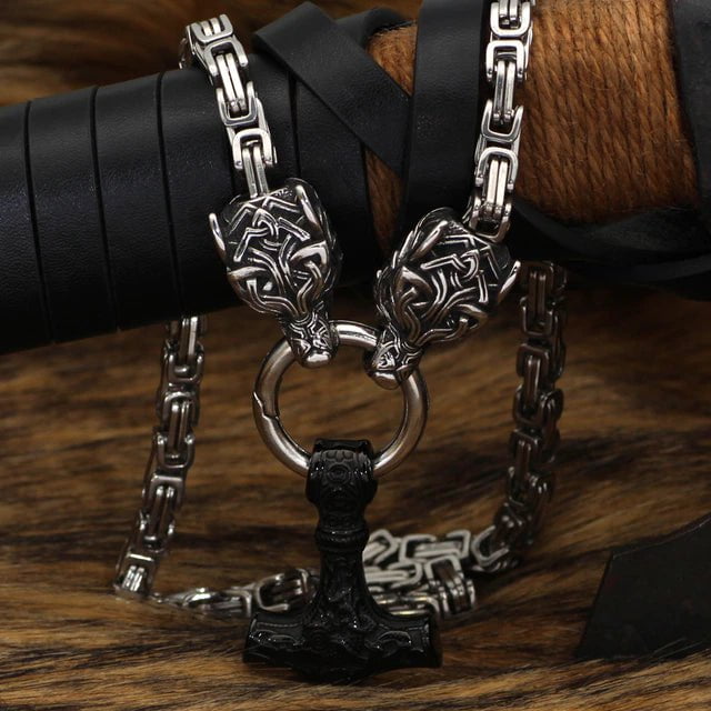 Vikings Wolf Head and Mjolnir Stainless Steel Necklace | Pendant and Necklace | Wiccan Center