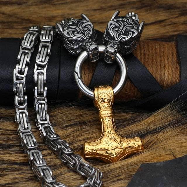 Vikings Wolf Head and Mjolnir Stainless Steel Necklace | Pendant and Necklace | Wiccan Center
