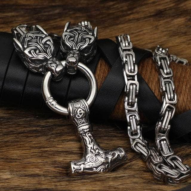 Vikings Wolf Head and Mjolnir Stainless Steel Necklace | Pendant and Necklace | Wiccan Center