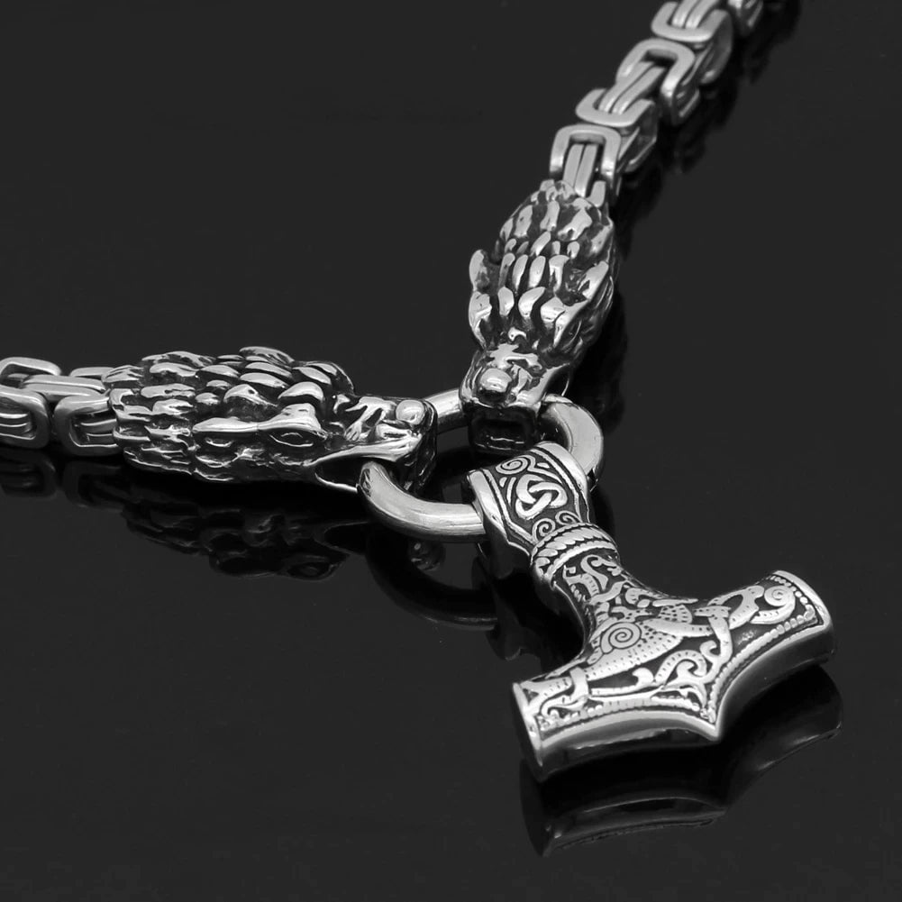 Vikings Dragon Head Mjolnir Stainless Steel Necklace | Pendant and Necklaces | Wiccan Center