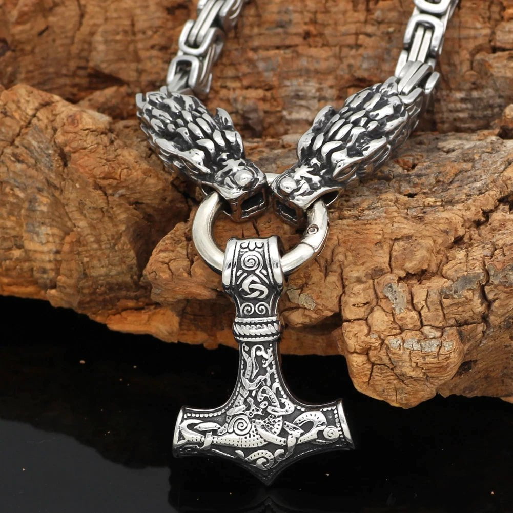 Vikings Dragon Head Mjolnir Stainless Steel Necklace | Pendant and Necklaces | Wiccan Center